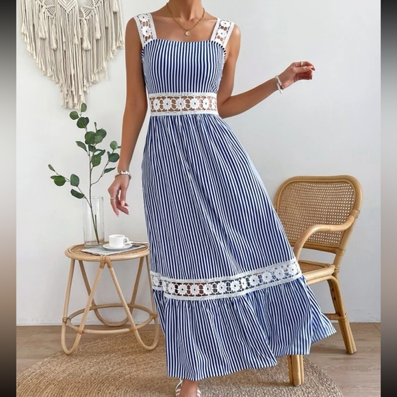 Boho Stripes Floral Sheer Mesh Lace Tiered Cami Maxi Dress - Picture 5 of 6